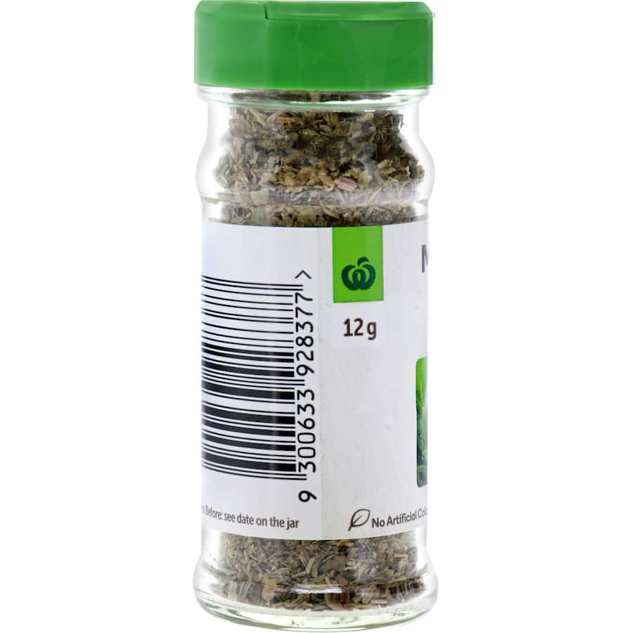 Woolworths Mixed Herbs 12g featuring thyme, rosemary, marjoram, basil, oregano, and sage for enhancing any dish.