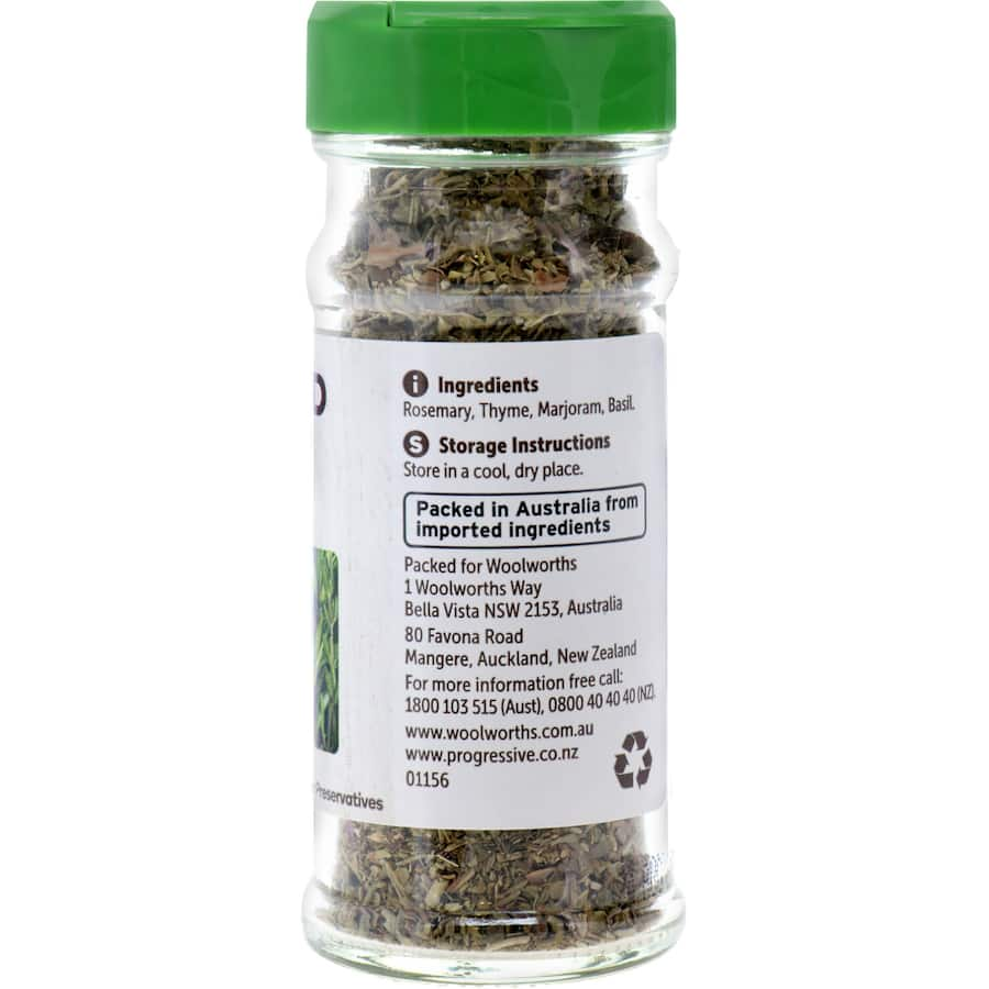 A 12g pack of Woolworths Mixed Herbs featuring thyme, rosemary, basil, and more to enhance your dishes naturally.