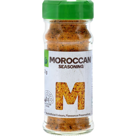 Woolworths Moroccan Seasoning jar, 52g, filled with authentic North African spices for flavorful dishes.