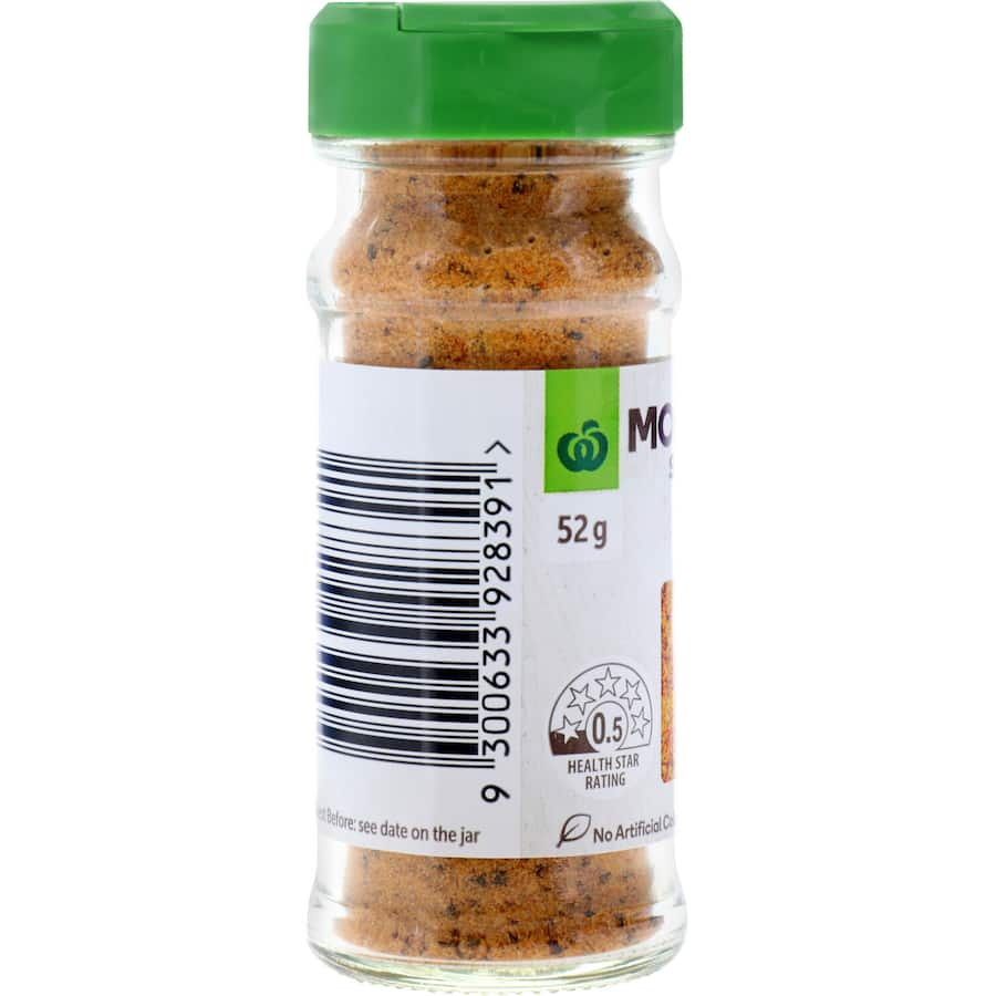 Woolworths Moroccan Seasoning jar featuring authentic North African spices for flavorful dishes like couscous and tagines.