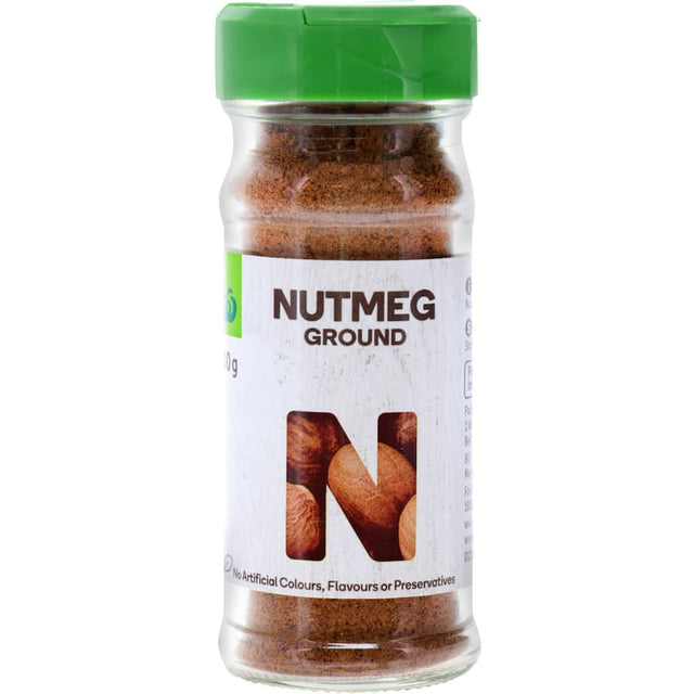 Ground nutmeg jar from Woolworths, perfect for enhancing sweet and savory dishes with warm, aromatic flavor.