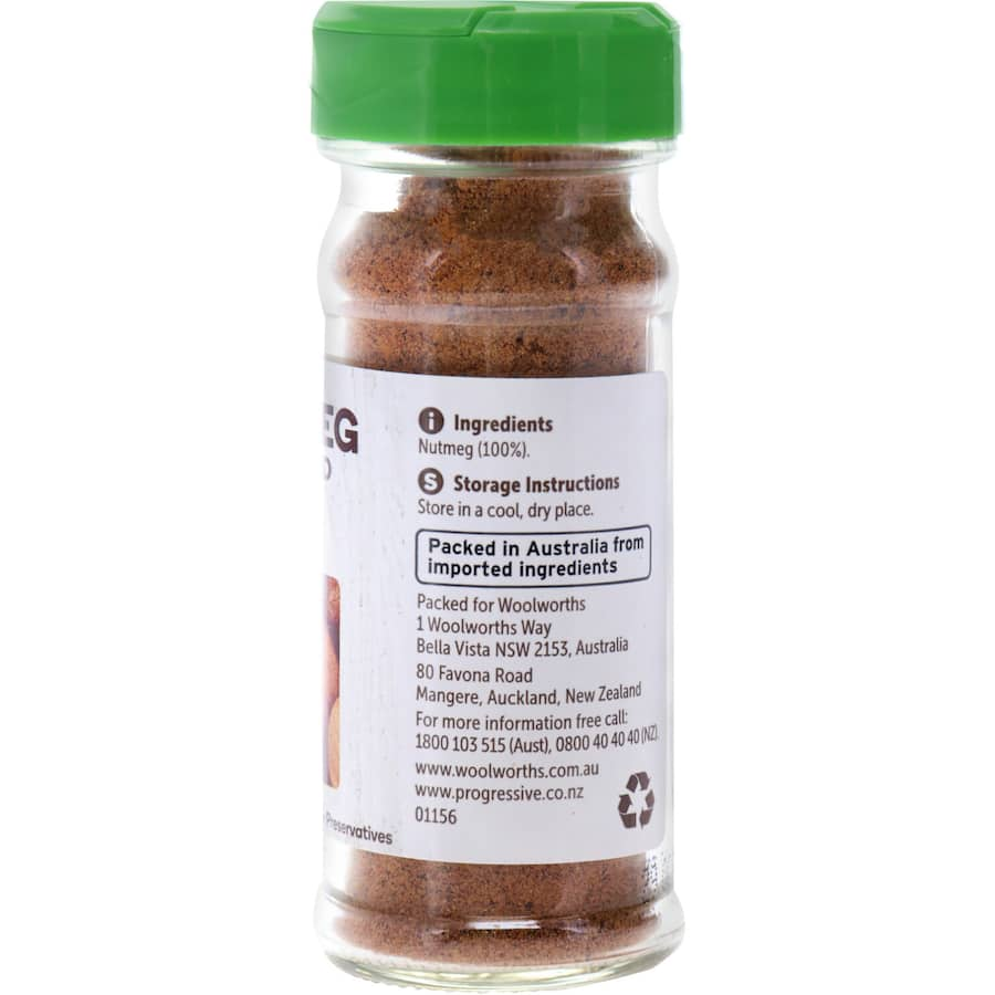 Woolworths Nutmeg Ground in a 30g jar, ideal for adding warm, aromatic flavor to both sweet and savory dishes.