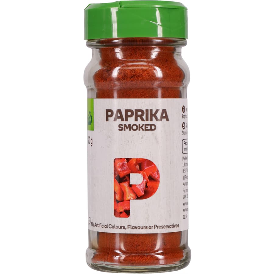 "Woolworths Paprika Smoked 30g pack, enhancing dishes with rich smoky flavor, perfect for pasta, stews, and grilled meats."