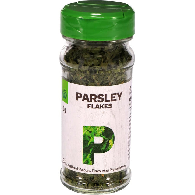 Woolworths Parsley Flakes in a 5g pack, perfect for enhancing dishes with fresh flavor and vibrant presentation.