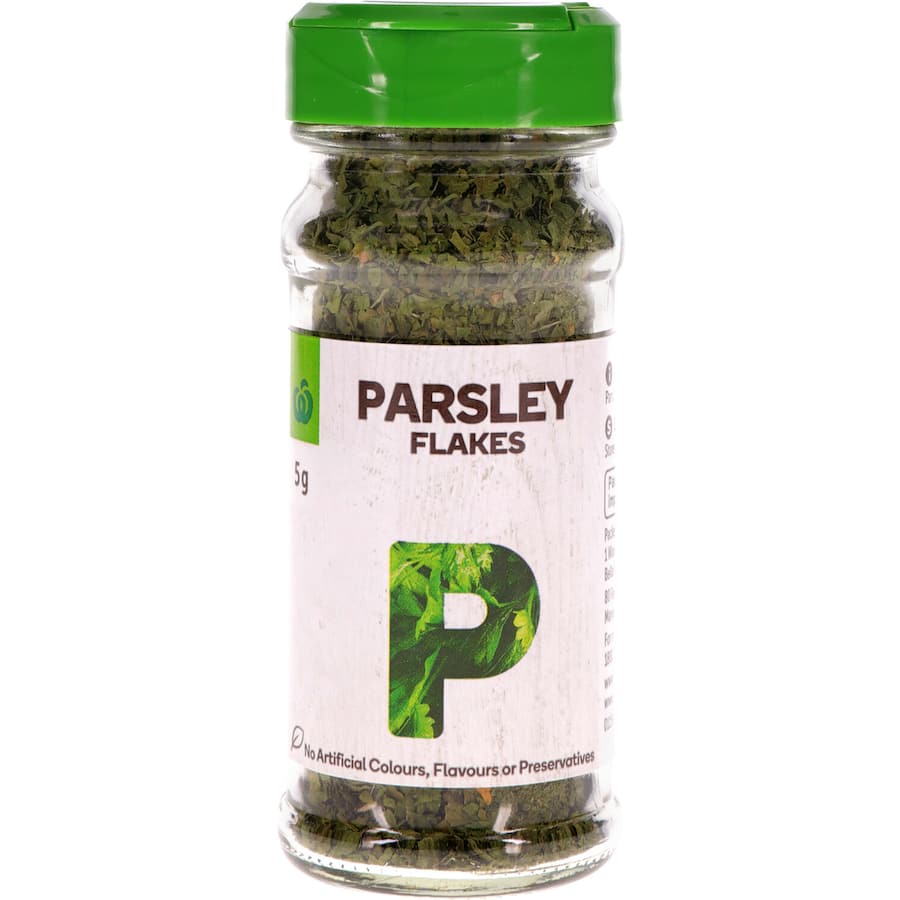 Woolworths Parsley Flakes in a 5g pack, ideal for enhancing flavors in soups, salads, and pasta without preservatives.