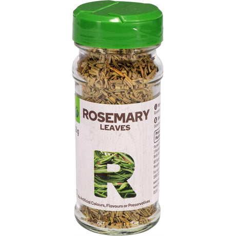 Package of Woolworths Rosemary Flaked Leaves (18g) for enhancing dishes with aromatic, earthy flavor, free from additives.