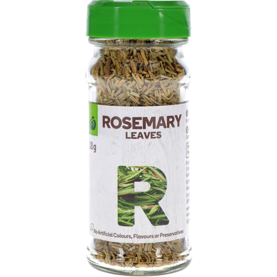 Woolworths Rosemary Flaked Leaves 18g, a natural herb to enhance dishes with aromatic flavor, ideal for meats and vegetables.