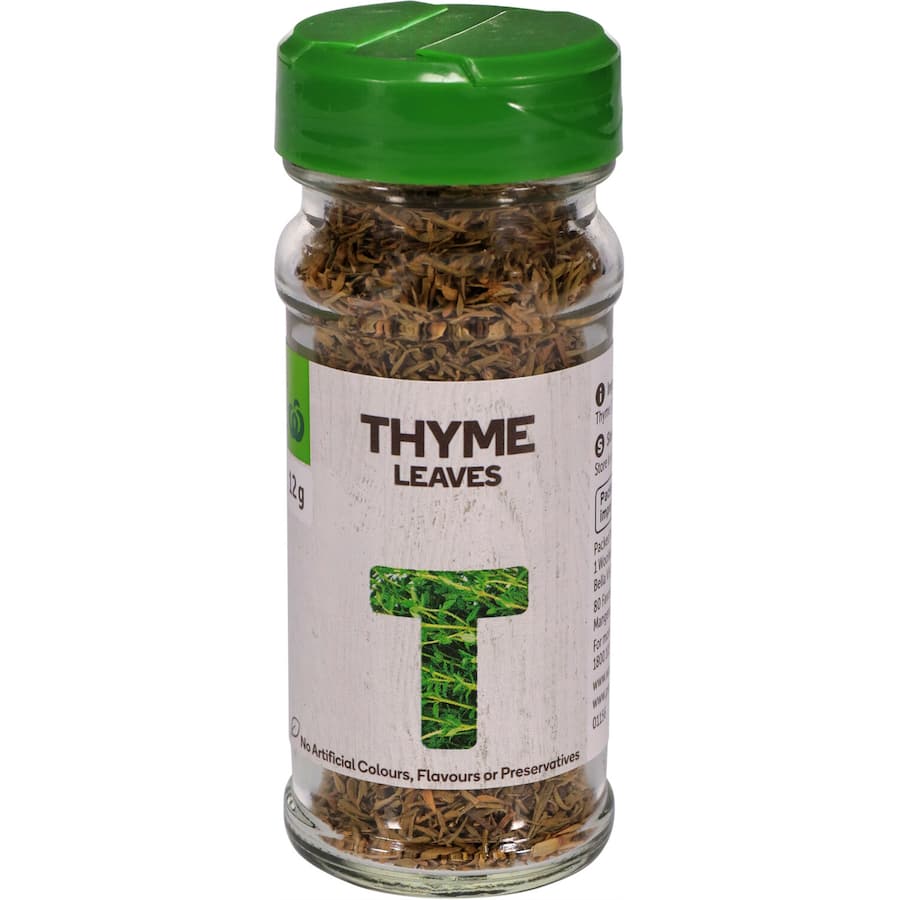 A 12g pack of Woolworths Thyme Flaked Leaves, perfect for enhancing soups, sauces, and roasted dishes with rich aroma.