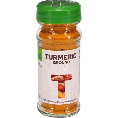 Vibrant Woolworths Turmeric Ground powder, a versatile spice for enhancing flavor and promoting health in various dishes.