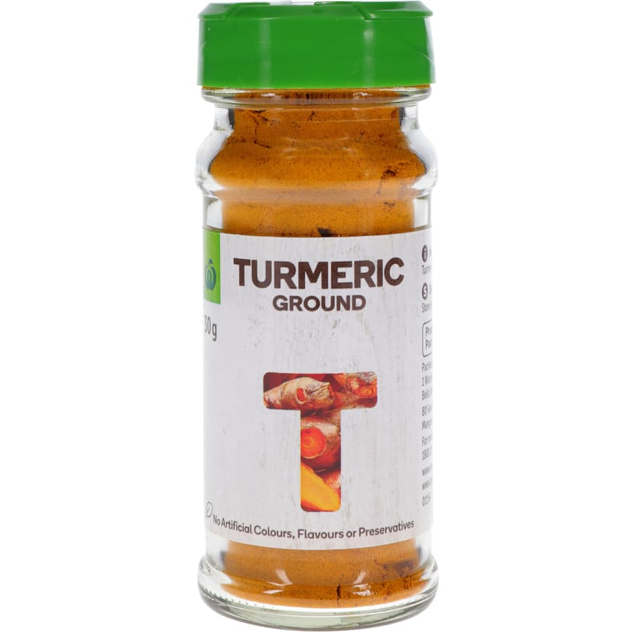 Vibrant Woolworths Turmeric Ground spice, 100% pure, known for flavor, color, and health benefits in cooking.