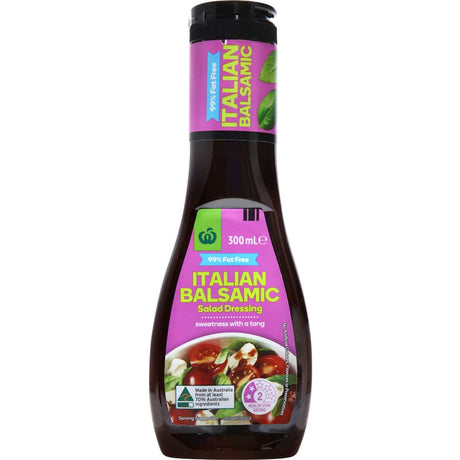 Woolworths 300ml Fat-Free Balsamic Dressing, featuring authentic Italian flavors, perfect for salads and guilt-free indulgence.