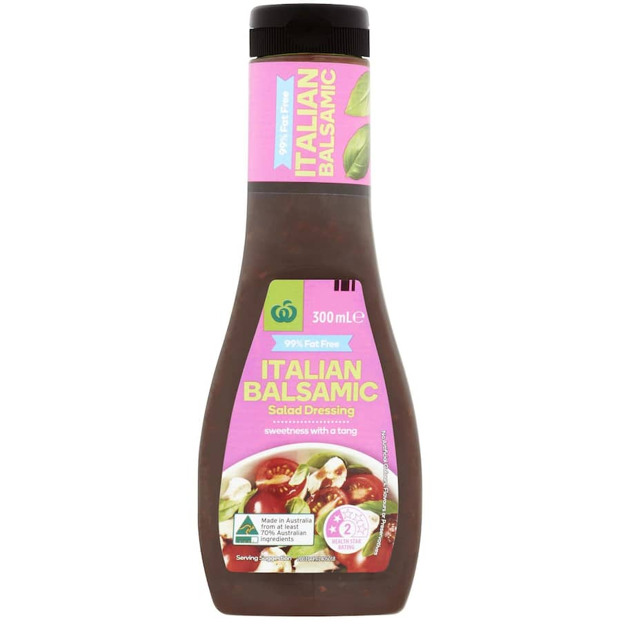 Woolworths Italian fat-free balsamic dressing in a 300ml bottle, perfect for enhancing salads with authentic Italian flavor.