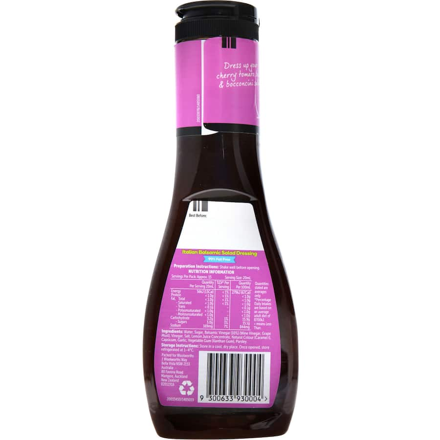 Woolworths Fat-Free Balsamic Dressing bottle, perfect for adding authentic Italian flavor to salads without the extra calories.