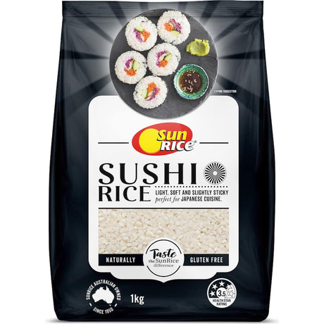 Short-grained, translucent sushi rice, gluten-free, ideal for authentic sushi and diverse Asian dishes.