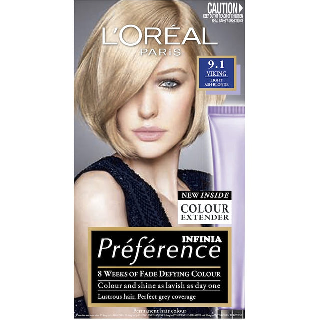 L'Oreal Paris Preference Viking 9/1 hair colour offering vibrant, long-lasting blonde tones with luxurious shine and excellent grey coverage.