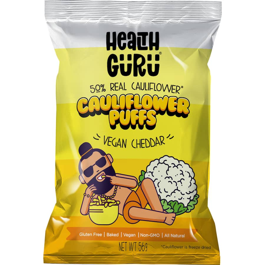 Health Guru Cauliflower Puffs Vegan Cheese: crunchy, cheese-flavored vegan snacks made from premium cauliflower, gluten-free, and healthy.