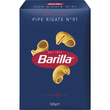 Curved Barilla Pipe Rigate No. 91 pasta, ideal for capturing sauces, perfect for vibrant Italian dishes and quick pasta salads.