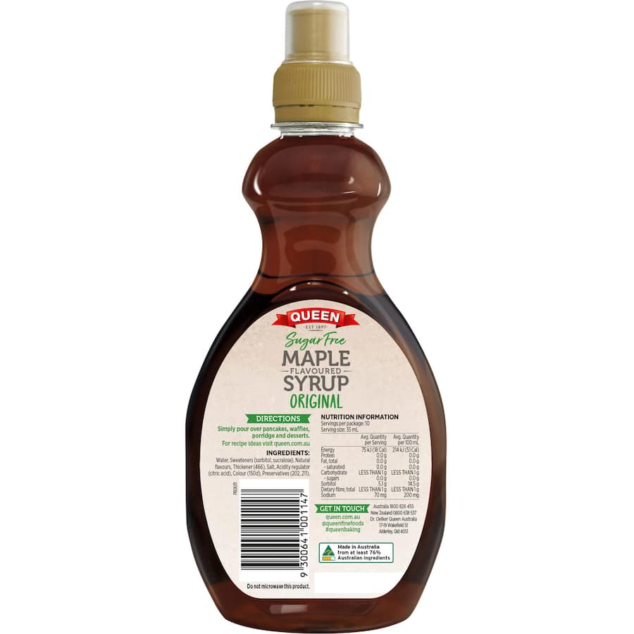 Queen Maple Syrup Flavoured Sugar Free bottle showcasing rich maple taste, ideal for keto diets and sugar-free indulgence.