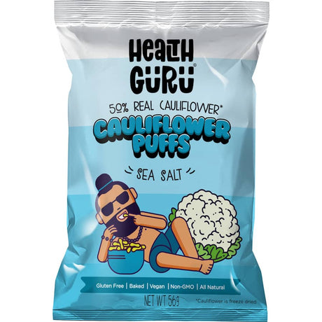 Health Guru Cauliflower Puffs Sea Salt in a bag, showcasing crunchy gluten-free snack infused with sea salt and coconut sugar.