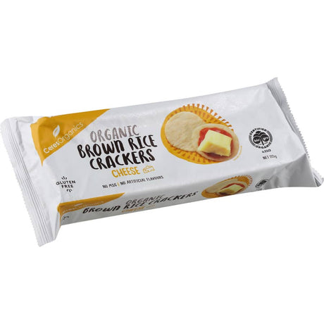 Ceres Organics Brown Rice Crackers with savory cheese flavor, gluten-free and nutrient-rich for guilt-free snacking.