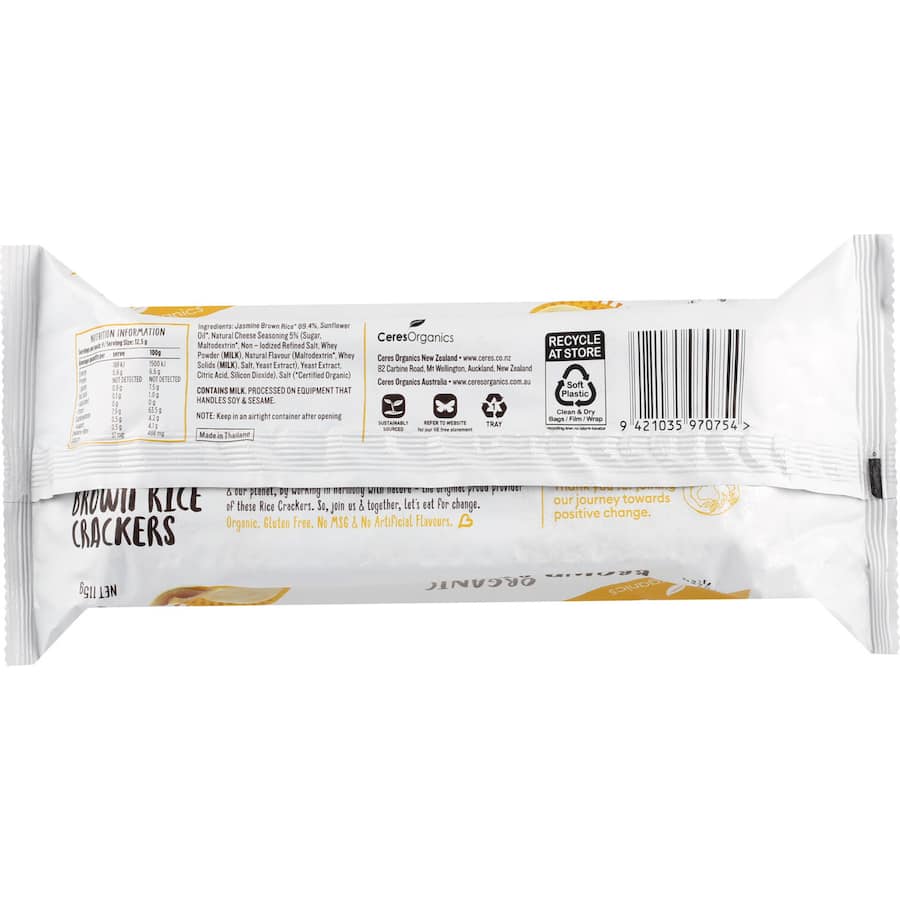 Ceres Organics Brown Rice Crackers with cheese flavor, gluten-free, dairy-free, and made from organic ingredients.