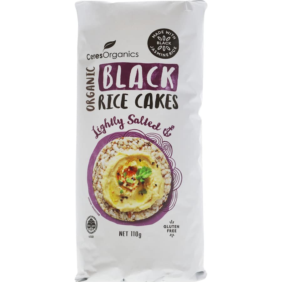 Lightly salted black rice crackers, crunchy and gluten-free, perfect for snacking with dips or cheese.