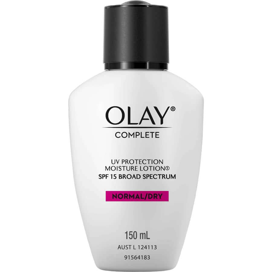 Olay Complete UV Protection Moisturizing Lotion for Normal & Dry Skin with SPF 15, enriched with vitamins for hydration.