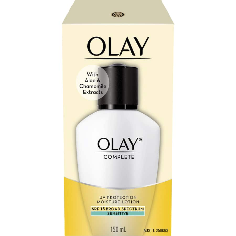 Olay Complete UV Protection Moisturising Lotion for Sensitive Skin with SPF 15, aloe, and chamomile for hydration and protection.