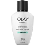 Olay Complete UV Protection Moisturising Lotion for sensitive skin, enriched with aloe and chamomile, SPF 15, lightweight and fragrance-free.