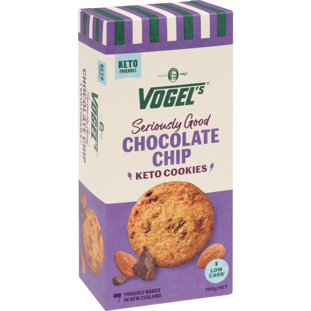 Chocolate chip keto cookies from Vogel's, ideal low-carb snack for guilt-free indulgence and energy boosts.