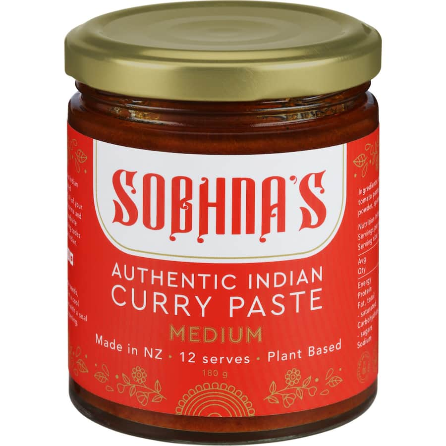 Sobhna's Curry Paste Medium jar, a blend of traditional spices for easy, authentic Indian cooking at home.