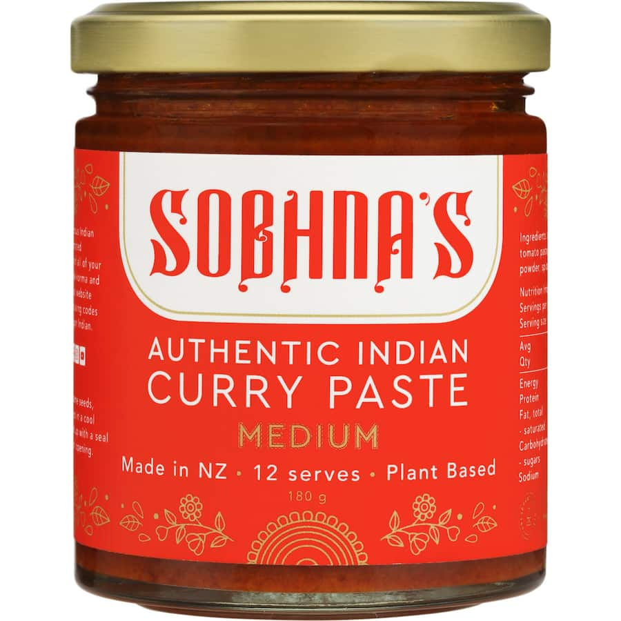 Sobhna's Curry Paste Medium jar showcasing a rich blend of spices for easy Indian cooking, perfect for family meals.