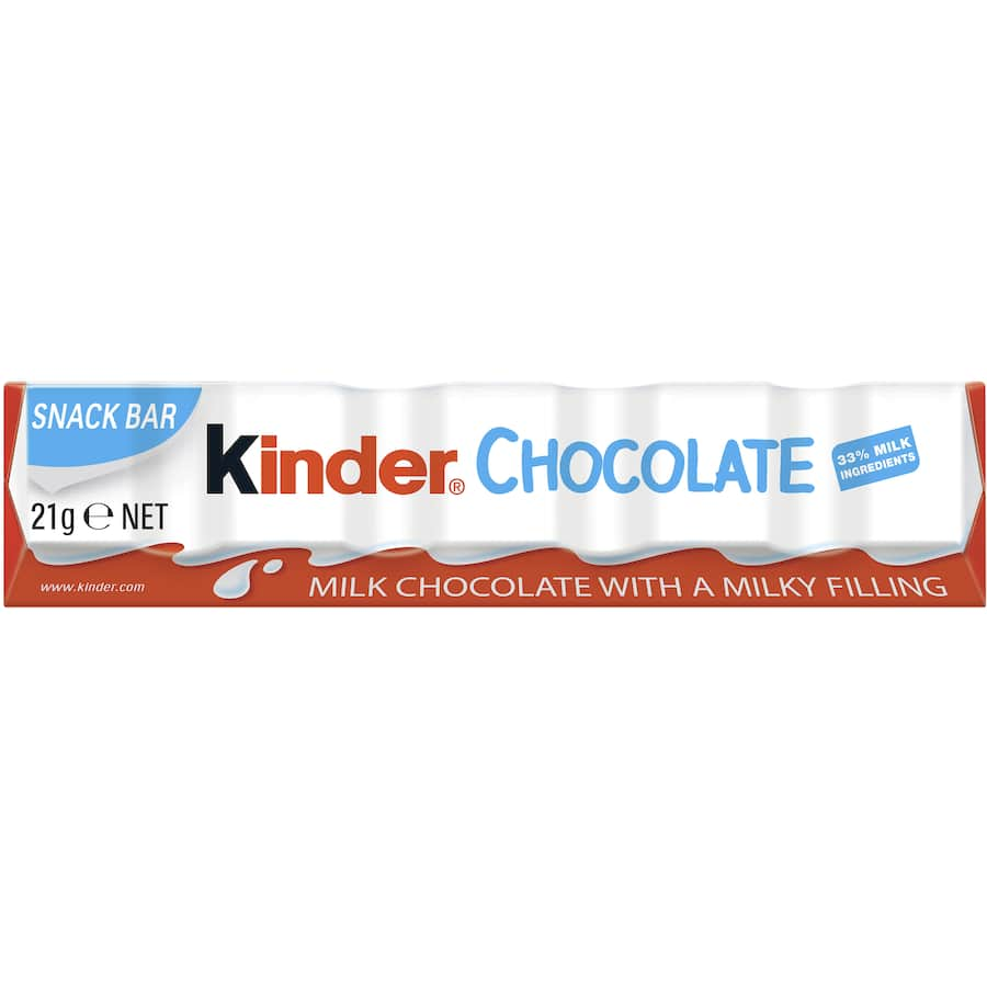 Kinder Chocolate Bar Snack Size, 21g of smooth milky filling in milk chocolate, perfect for snacks or treats.