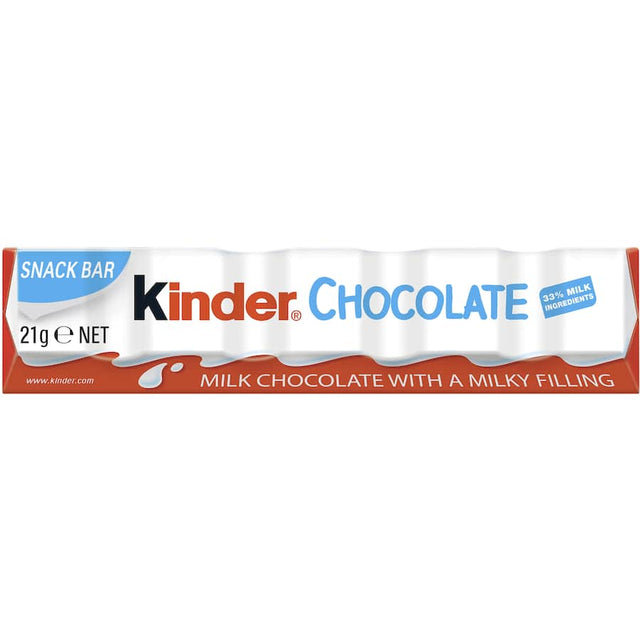 Kinder Chocolate Bar Snack Size, 21g of smooth milky filling in milk chocolate, perfect for snacks or treats.