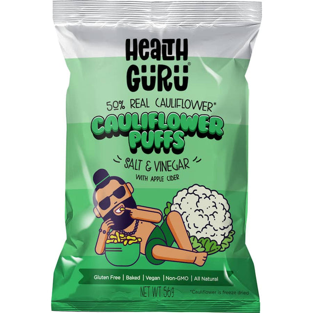 Health Guru Cauliflower Puffs in Salt & Vinegar flavor, healthy, low-carb, crunchy snacks perfect for guilt-free munching.