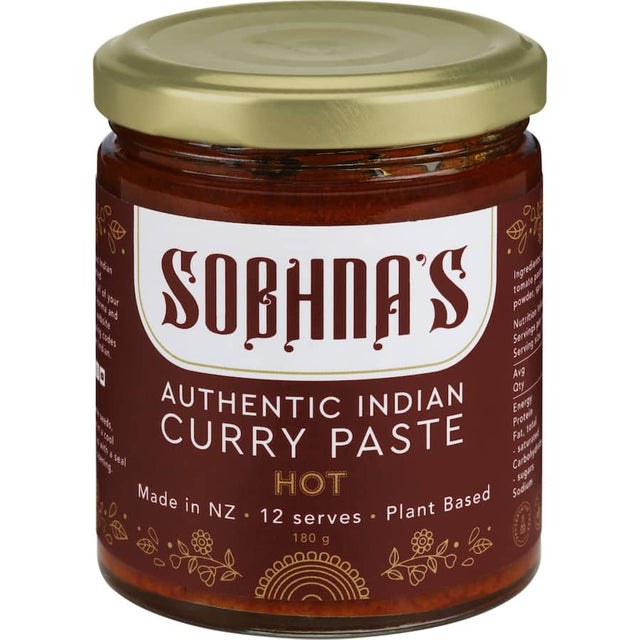 Sobhna's Curry Paste Hot: A jar of fiery Indian spice blend for authentic, bold curry dishes at home.