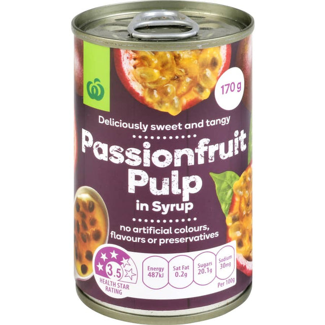 Woolworths Passionfruit Pulp in syrup, showcasing vibrant passionfruit puree blended with syrup for desserts and smoothies.