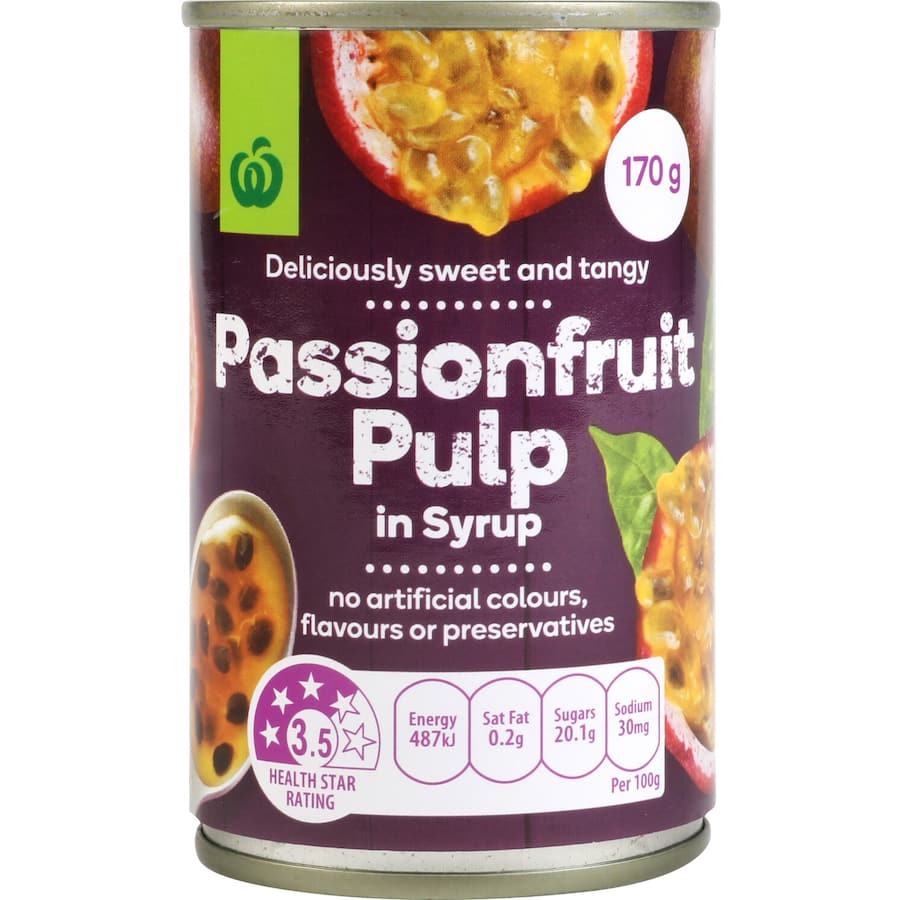 Woolworths Passionfruit Pulp in Syrup, a tangy sweet puree for desserts and smoothies, offering a tropical flavor boost.