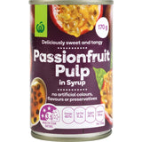 Woolworths Passionfruit Pulp in Syrup, a tangy sweet puree for desserts and smoothies, offering a tropical flavor boost.