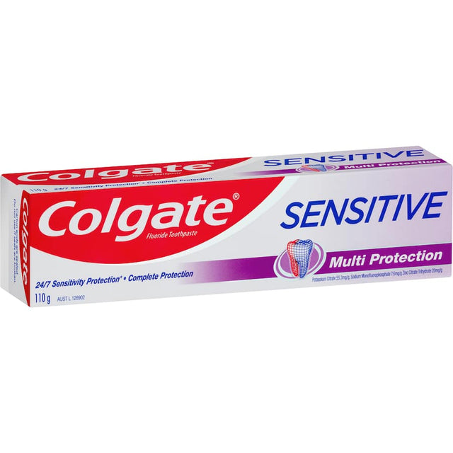 Colgate Sensitive Toothpaste Multi Protection offers soothing relief for sensitive teeth while preventing cavities and plaque.