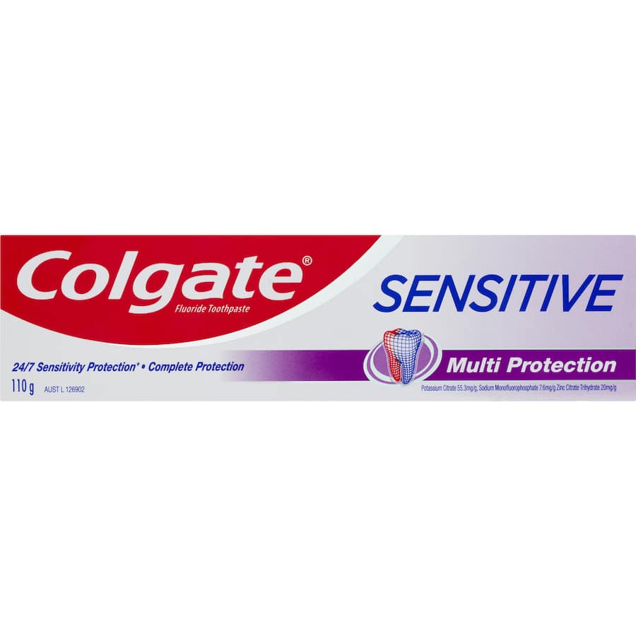 Colgate Sensitive Toothpaste Multi Protection offers soothing relief for sensitive teeth, while protecting against cavities and freshening breath.
