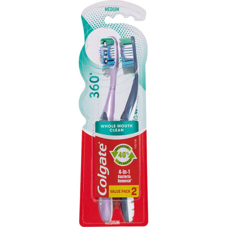 Colgate 360 Whole Mouth Clean Toothbrush with medium bristles for comprehensive oral hygiene, includes 4-in-1 bacteria removal.