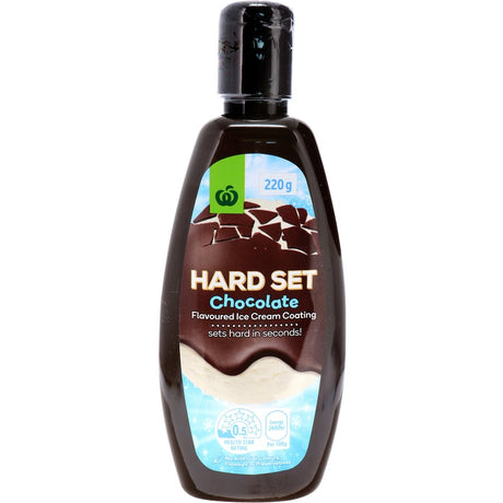 Rich hard set chocolate topping, perfect for drizzling on desserts and ice creams, setting in seconds for a gourmet touch.