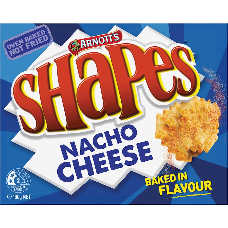 Crunchy Arnott's Shapes Nacho Cheese crackers, bursting with bold flavor, perfect for sharing and snacking anytime.