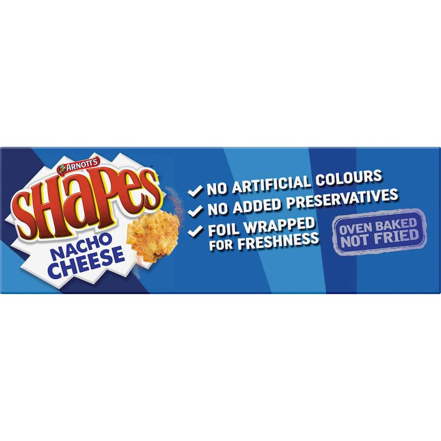 Crunchy Arnott's Shapes Crackers in bold nacho cheese flavor, perfect for snacking, sharing, and elevating any occasion.