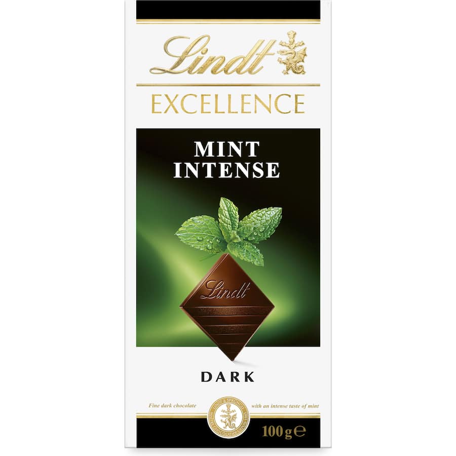 Lindt Excellence Intense Mint chocolate bar, showcasing rich dark cocoa and refreshing mint for a luxurious taste experience.