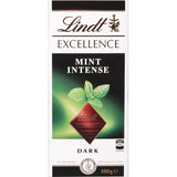 Lindt Excellence Chocolate Intense Mint: premium dark chocolate with refreshing mint, rich flavors, and a smooth texture.