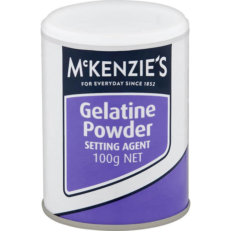 Mckenzies Gelatine Powder for transforming liquids into delicious gels for desserts, jellies, and pastries.