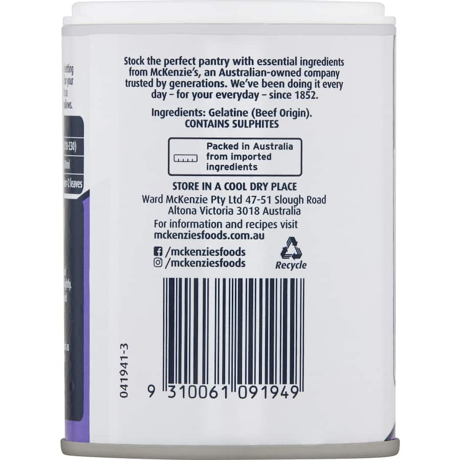 Mckenzies Gelatine Powder for transforming liquids into gels, enhancing desserts like jellies, mousses, and cheesecakes.