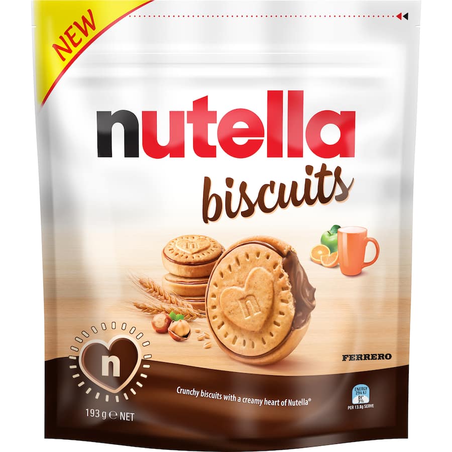 Nutella Chocolate Biscuits 193g, featuring golden-baked shells filled with creamy Nutella, perfect for any snacking occasion.